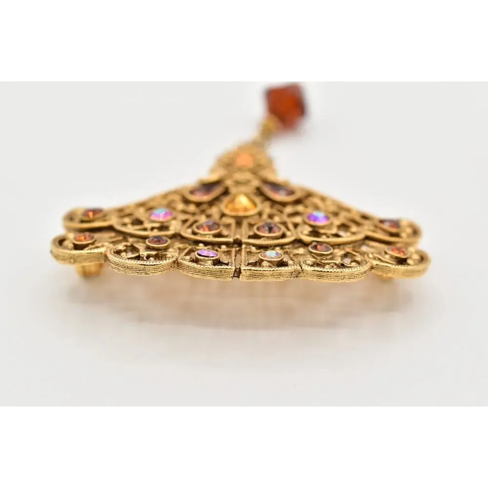 1928 Vintage Brooch Pin Fan Amber Dangle Rhinestone Crystal Gold Tone 80s BinBG